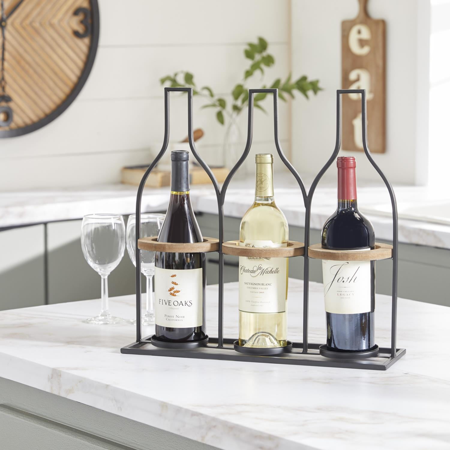 DecMode 17" x 16" Black Metal Bottle Shaped 3 Bottles Wine Holder, 1-Piece