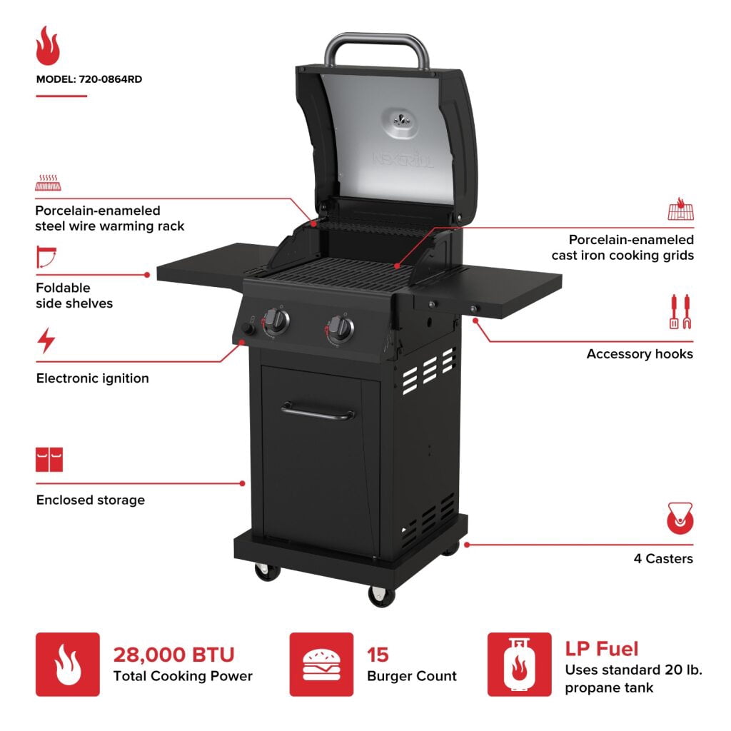 Nexgrill Deluxe 2-Burner Gas Grill with 401 SQ In Grate, 28000 BTUs, Heavy Duty Steel Frame & Foldable Side Table, Propane BBQ Grill for Outdoor Cooking, Patios, Backyards and More - 720-0864RD