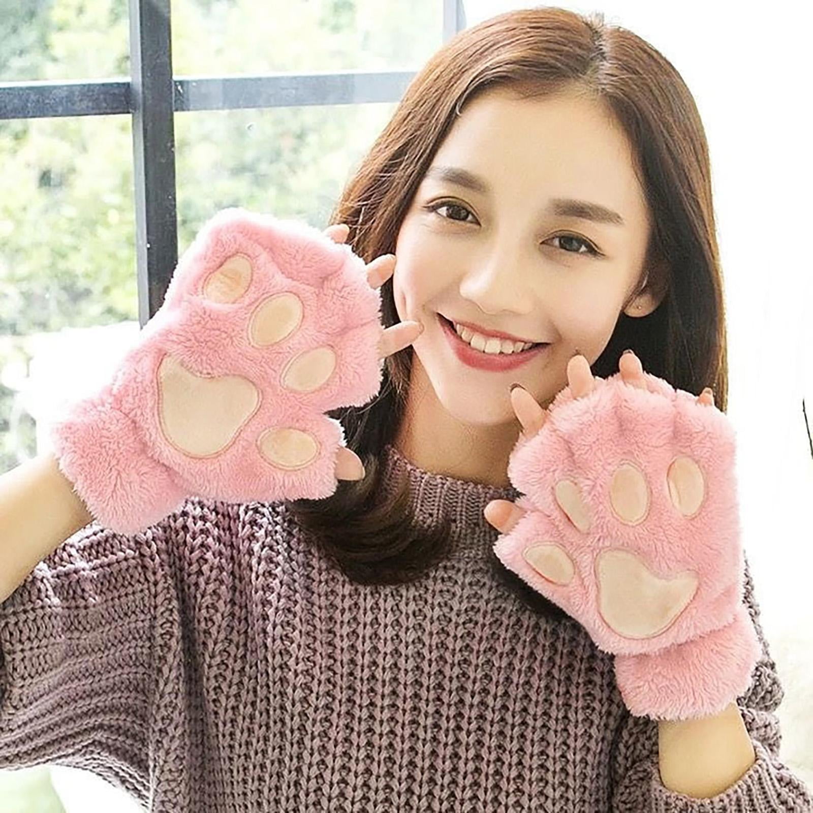 XIBANY Winter Gloves Women Plush Cat Paw Claw Gloves Cute
