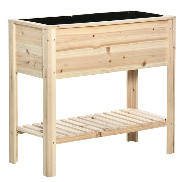 Outsunny Wooden Raised Garden Bed with Storage Shelf Natural