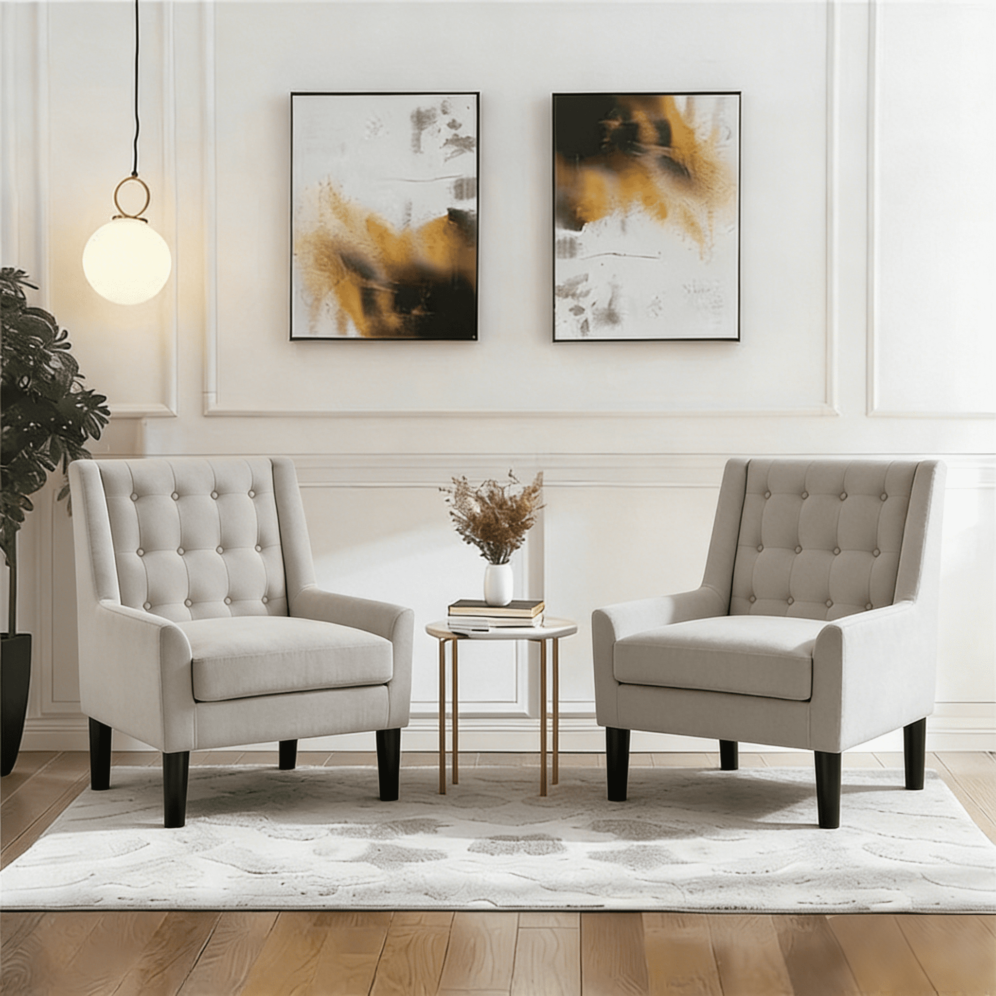 Gewnee Beige Velvet Tufted Wingback Accent Armchair Solid Rubberwood Legs for Living Room & Balcony