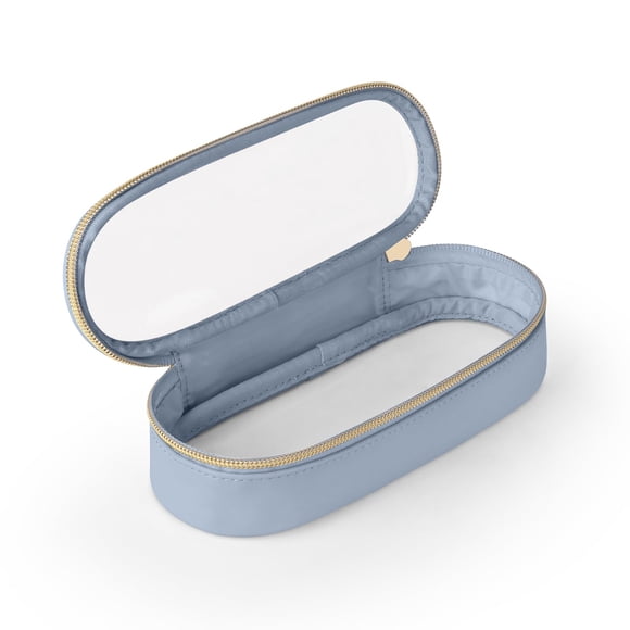 Bolso de viaje de cuero azul con soporte para brochas de maquillaje Soimeat, transparente