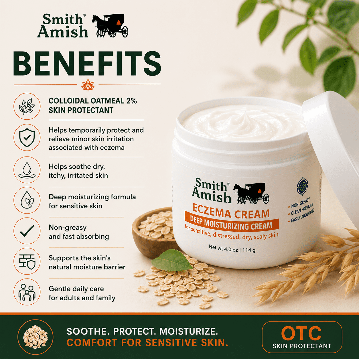Smith Amish Eczema Cream, Colloidal Oatmeal Skin Protectant, Deep Moisturizing Cream for Dry Itchy Sensitive Skin, Non-Greasy OTC Relief, 4 oz.