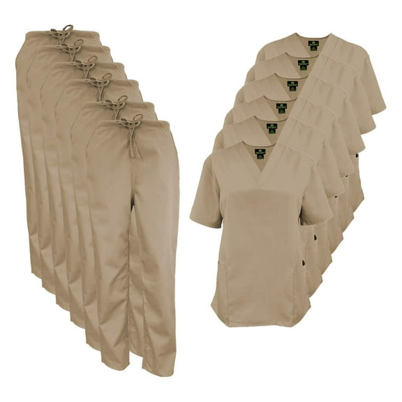 M&M SCRUBS Women Scrub Set V-Neck Medical Scrub Tops and Drawstring Pants - Pack of 6 Set (Khaki, 5X-Large)