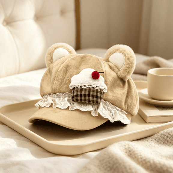 Y2K Cutecore Kawaii Bear Ears Beret Hat, Hats for Women, Cupcake Suede‑Like Hat,Cute Plush Octagonal,Sweet Lolita Style,Cap Lace Ruffle Ornament,Khaki Newsboy Cap,2000S Clothes Accessories-Khaki