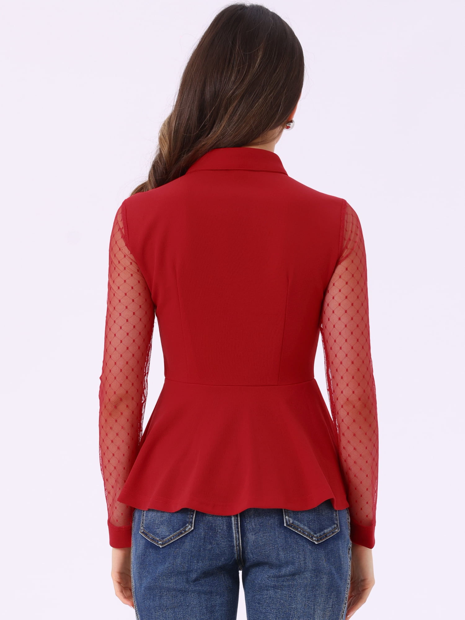 DARING DIVA Mesh Sheer Keyhole Peplum Top S Red