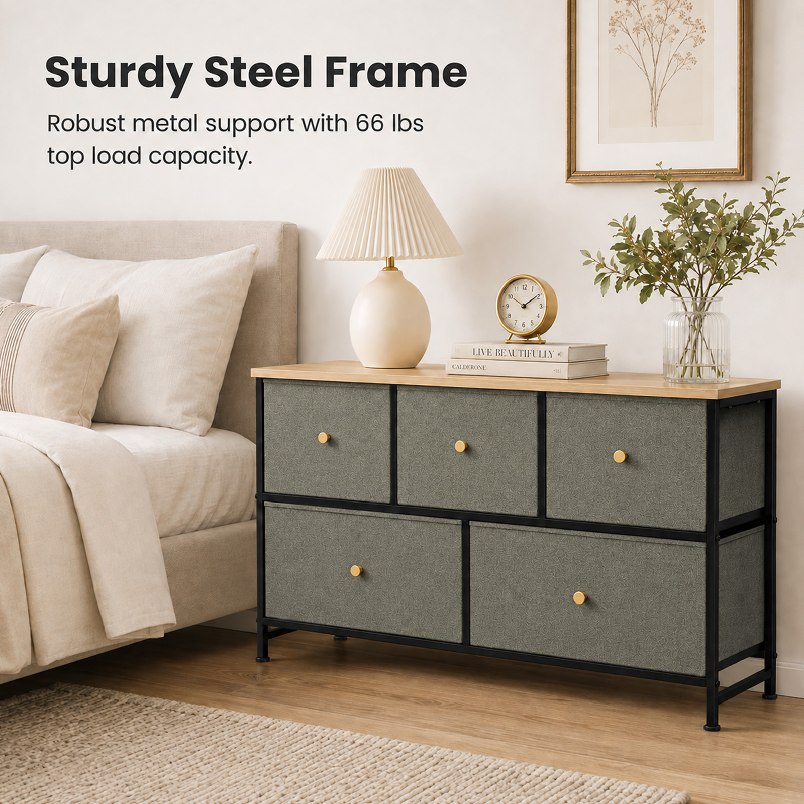 Alvantor 5/7 Drawer Fabric Dresser, Storage Tower for Bedroom and Closet, Chest of Drawers with Sturdy Steel Frame & Wooden Top for Living Room, Entryway