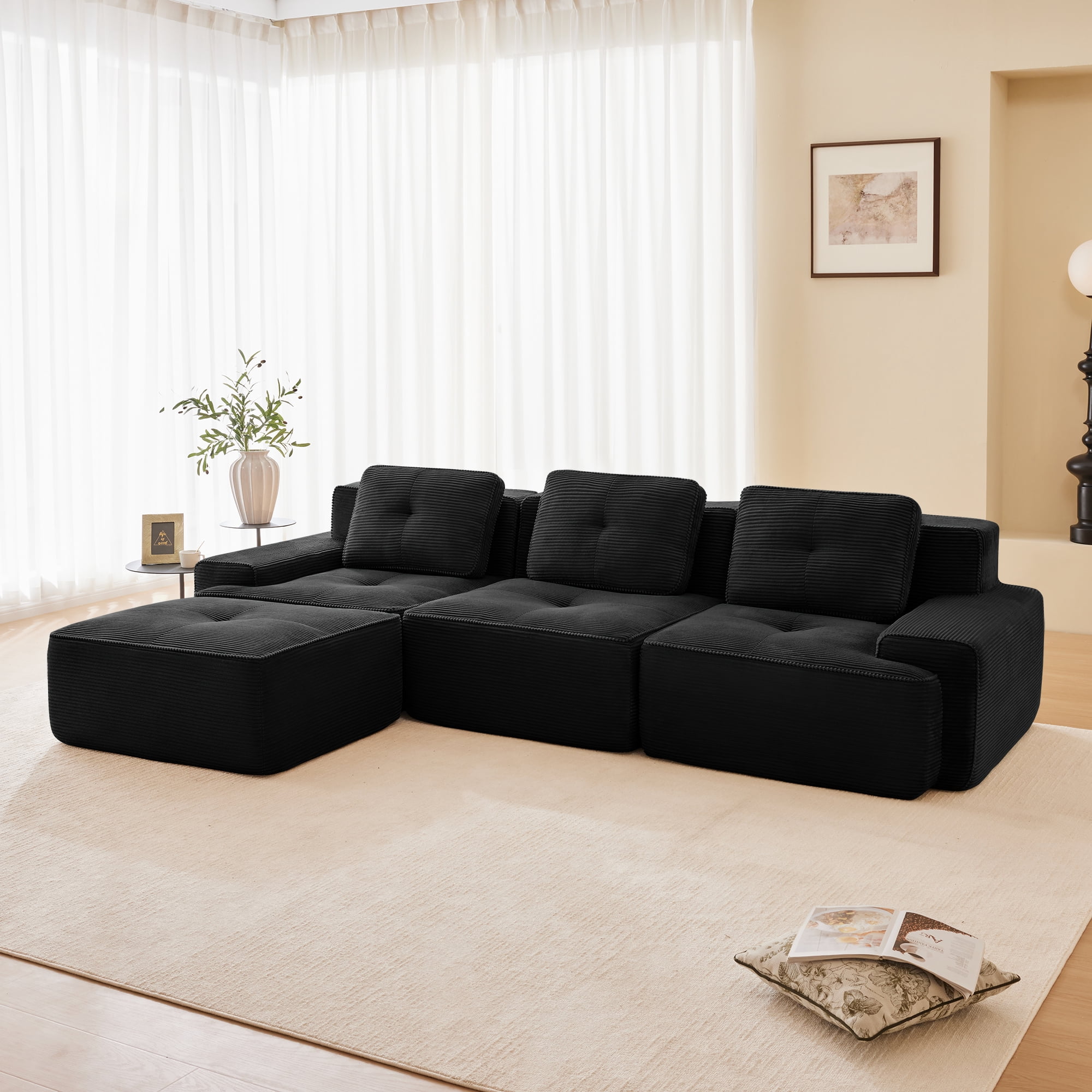 Yoneston 117" L-Shaped Modular Sectional Sofa 3 Seater Couch with Cushions and Ottoman, No Assembly Corduroy Sofa with Deep Seating for Living Room Bedroom Apartment, Black