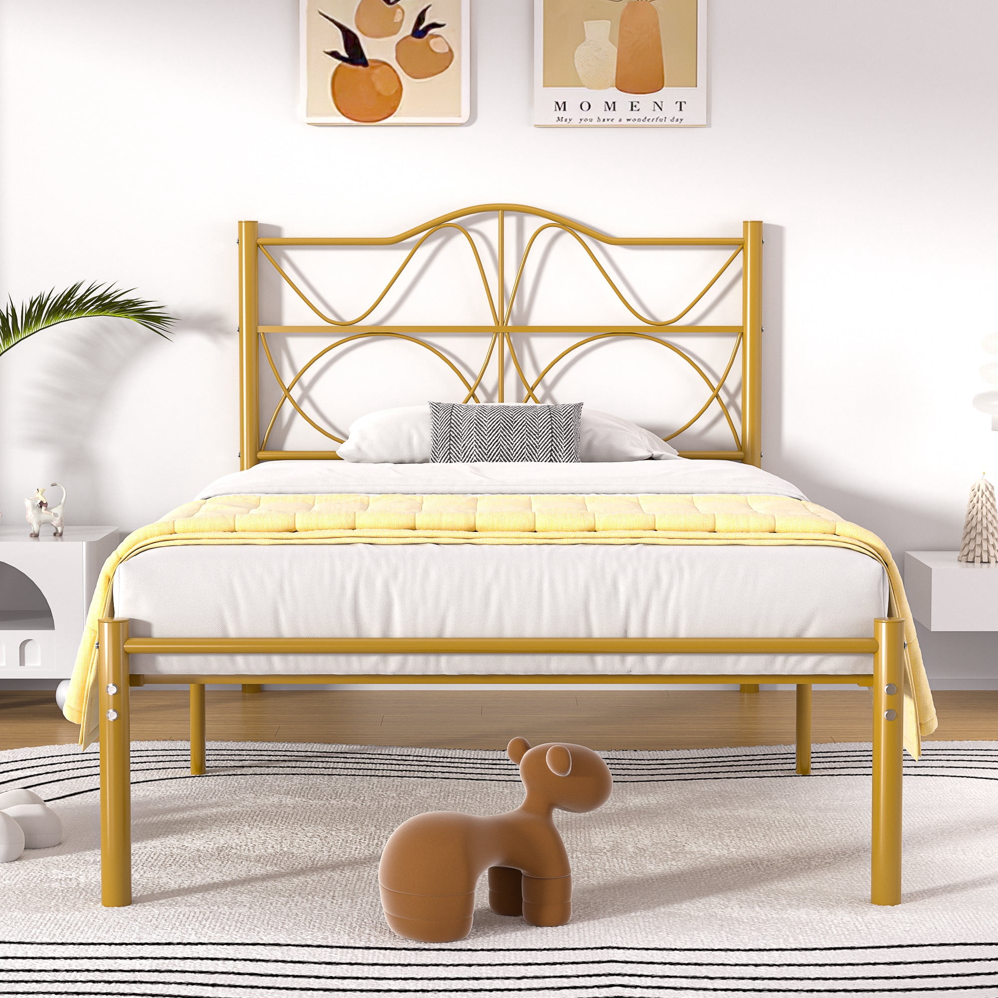 VECELO Twin Size Bed Frame with Headboard, Metal Platform Bed Frame, Strong Metal Slats Support, Mattress Foundation No Box Spring Needed, Gold