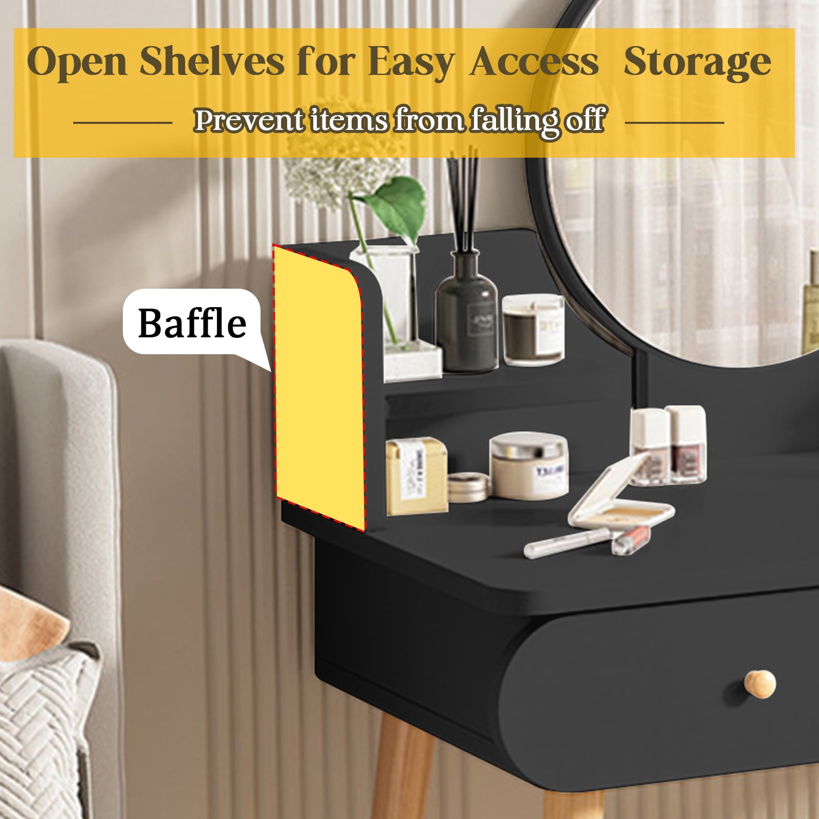 RICHYOUNG Makeup Vanity Table Set with Mirror,Dressing Desk with 2-Drawer for Bedroom(Black,No Stool)