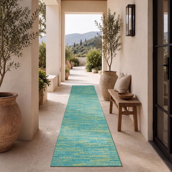Nourison Essentials Low Pile Indoor Outdoor Runner Rug 2'2" x 14' Blue Green