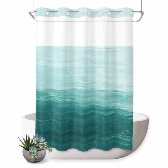 No Hook Shower Curtain with Built-in Rings - Teal White Brush Stroke Textured Washable Waterproof Fabric Bathroom Curtains for Hotel,Rentals, Stall 48 X 72 Inch , Abstract Modern