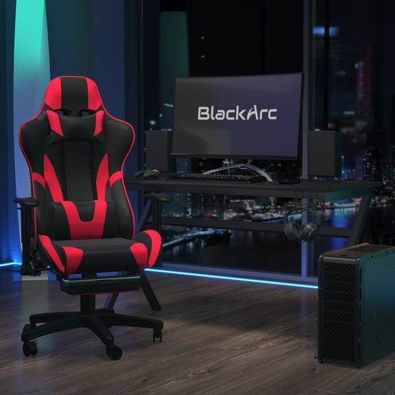 BlackArc Charlie Gaming Desk and Ergonomic Black and Red Faux Leather Gaming Chair Set with Footrest , Detachable Pillow and Headrest