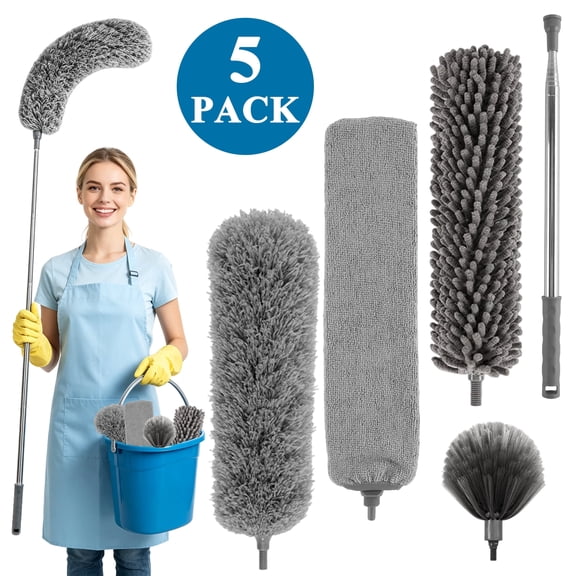 Aovky Microfiber Extendable Duster for High Ceilings, 110'' Telescoping Pole, 5PCS Washable Bendable Kit for Ceiling Fan, Blinds, Furniture, Cars