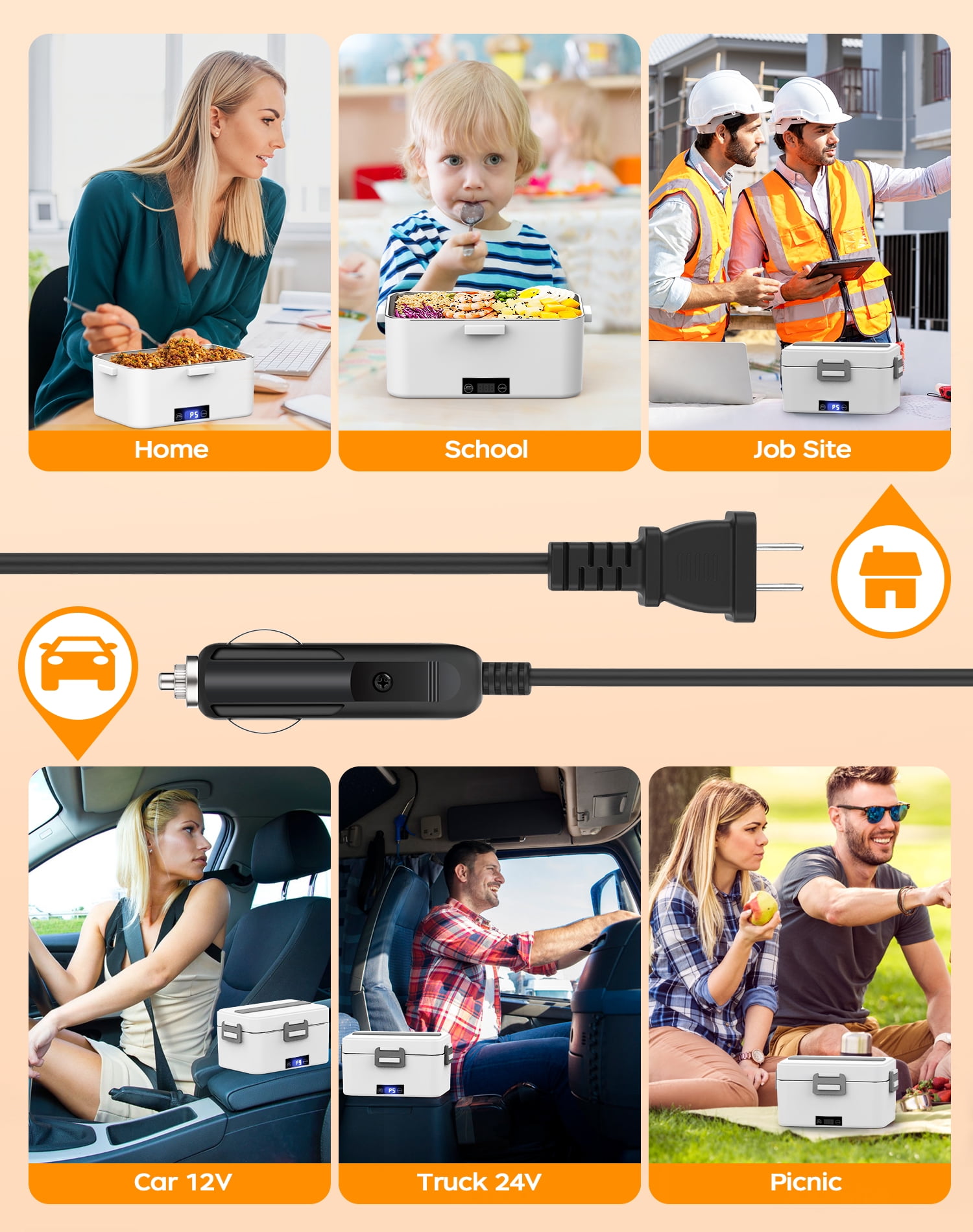 80W Electric Lunch Box, Food Warmer Heater  with 1.8L Container and Digital Screen, 12V 24V 110V Portable Heated Lunch Box