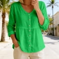thumbnail image 2 of Daznico Women's Linen Blend 3/4 Sleeve V-Neck Button Down Blouse, Relaxed Fit Ruffle Hem Casual Everyday Top,3XL, 2 of 5