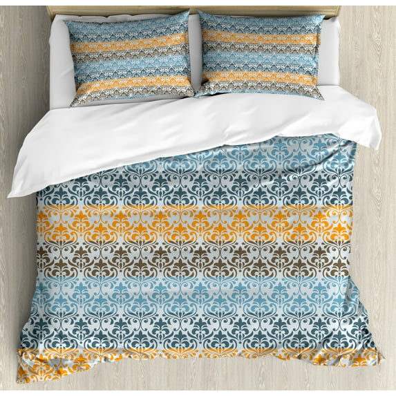 Orange Brown Duvet Cover Set Queen Size, Victorian Art Pattern of Vintage Damask Ornaments Horizontal Colors, Decorative 3 Piece Bedding Set with 2 Pillow Shams, Baby Blue Multicolor, by Ambesonne