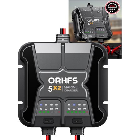 2 Bank 10A (5A/Bank) 12V Onboard Battery Charger, Marine Battery Charger 5X2, Waterproof Battery Maintainer & Desulfator for SLA/AGM