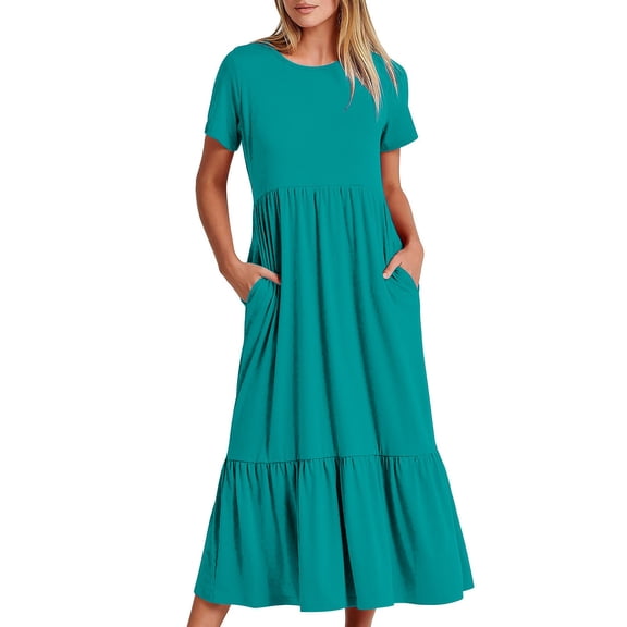 gakvbuo Summer Dresses For Women Vacation Trendy Casual Short Sleeve Crewneck Sundress Flowy Tiered Maxi Beach Dress Long Beach Maxi Dress Wedding Guest Dresses With Pockets.