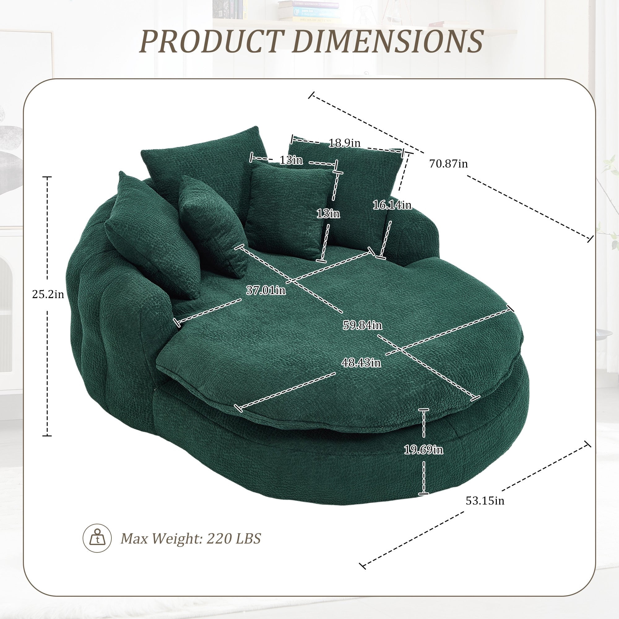 Sailvan Oversized Oval Bean Bag Sofa with 5 Pillows,Chenille Fabric Lazy Floor Sofa for Adults,Memory Foam Seating with Wrap Around Backrest Emerald