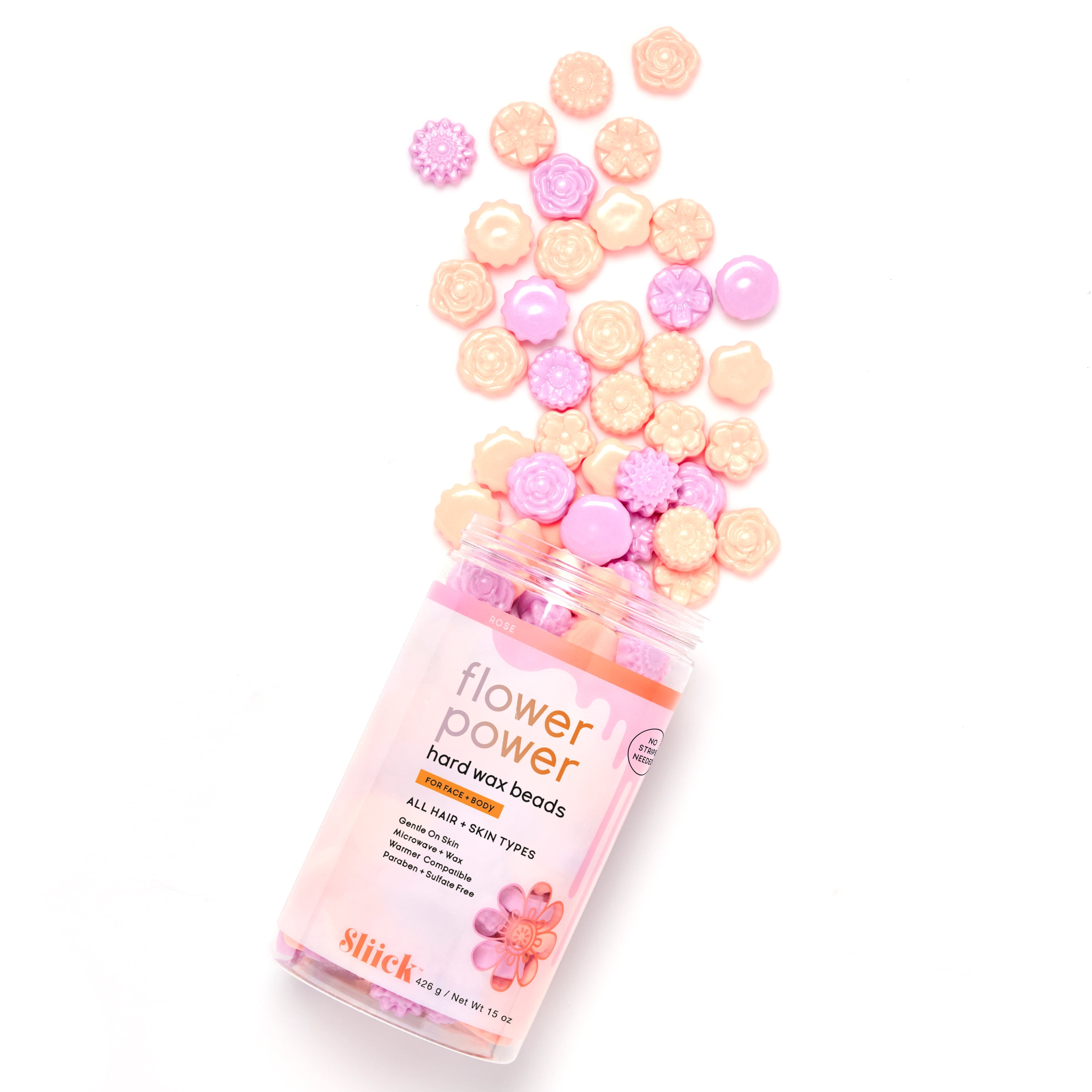 Sliick Flower Power Hard Hair Removal Wax Beads for Face & Body, Rose Scent, 15 oz Jar