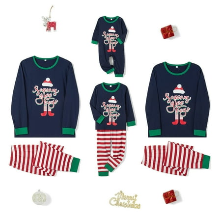 

Christmas Family Matching Pajamas Set Adult Kids Baby Letter Elf Print Tops+Striped Pants Set Pjs Sleepwear Loungwear