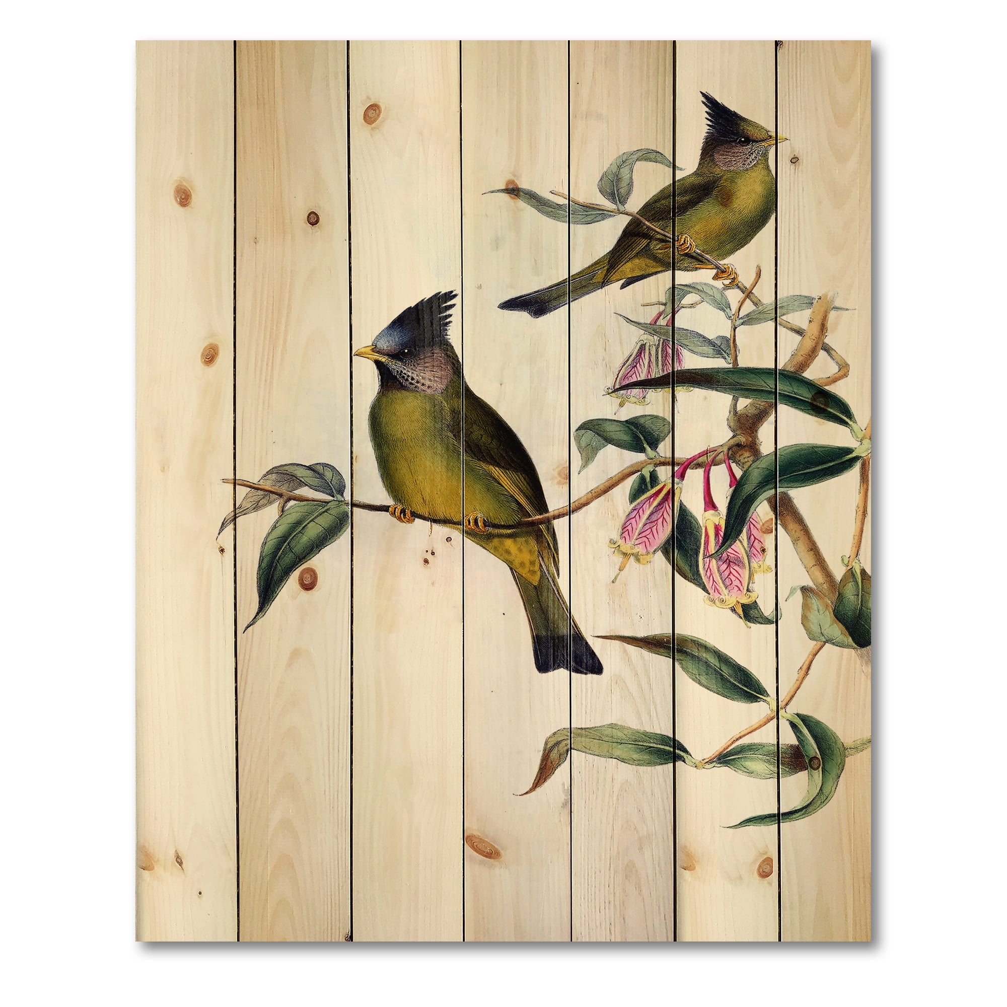 Designart 'Vintage Countryside Birds On Branch II' Farmhouse Print on Natural Pine Wood