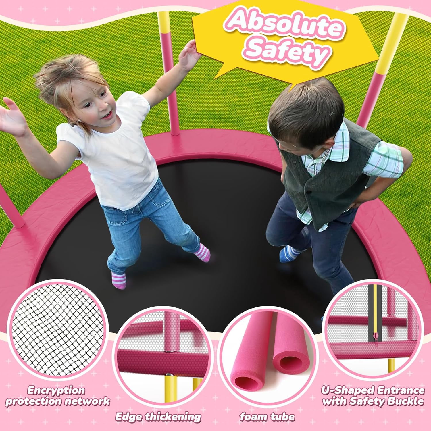 72-Inch Mini Indoor/Outdoor Trampoline For Toddlers, equipped with safety net, basketball hoop, and dartboard. Ideal as a gift for boys, girls, and infants.Pink