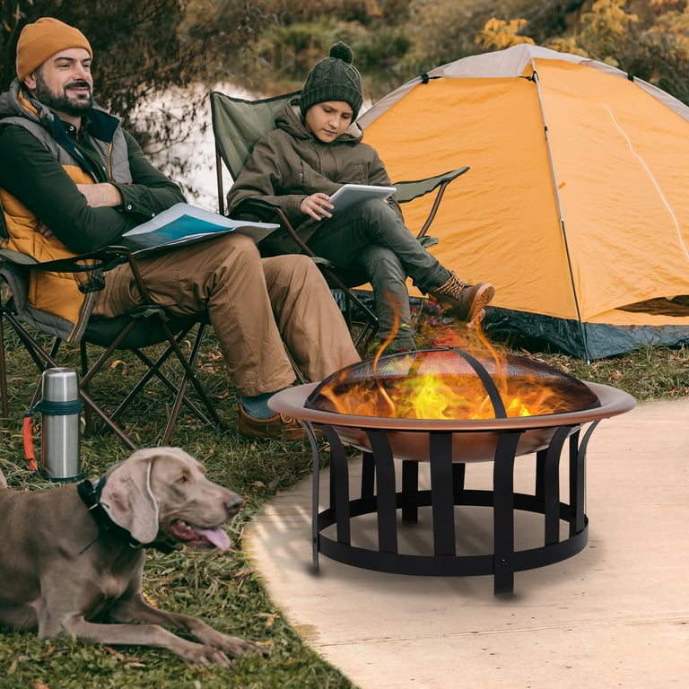 Outsunny Copper-Colored Round Metal Wood Fire Pit Bowl with Black Ornate Base, Poker, & Mesh Screen for Ember Protection Outsunny Copper-Colored Round Metal Wood Fire Pit Bowl with Black Ornate Base, Poker, & Mesh Screen for Ember Protection