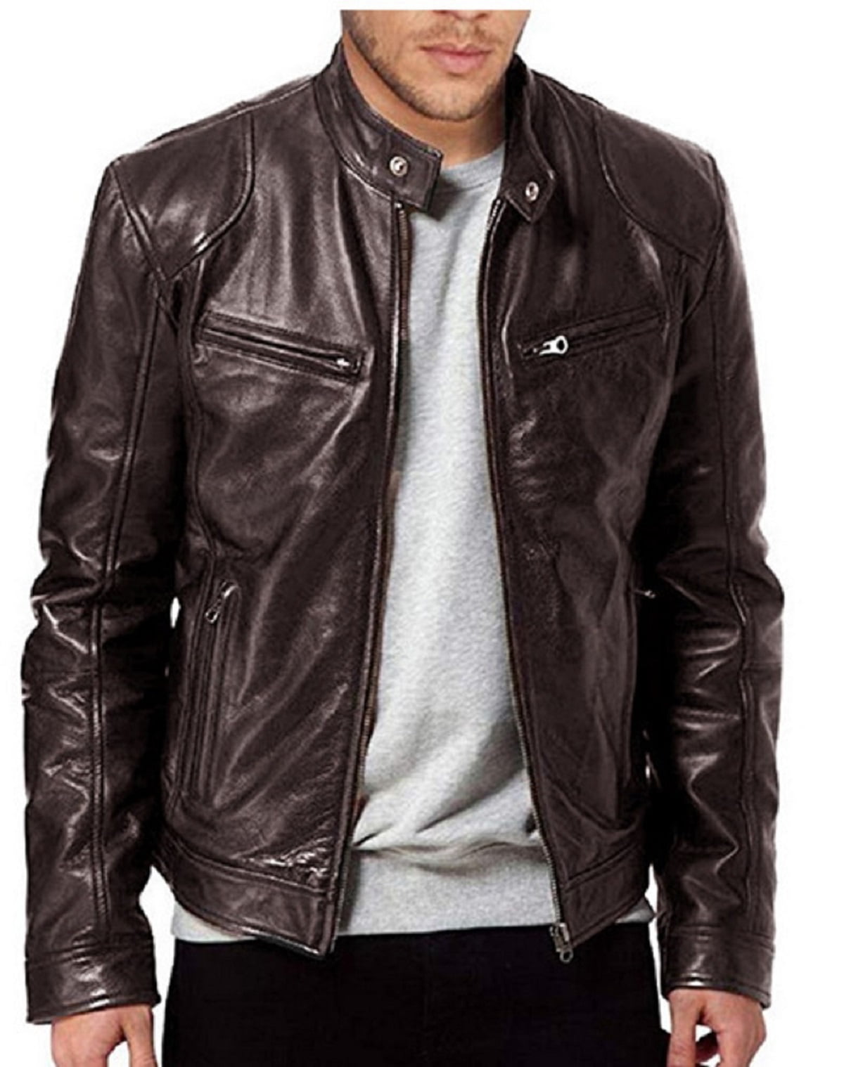 Fashion Men's Black Slim fit Biker Motorcycle jacket PU Leather Outwear Coats