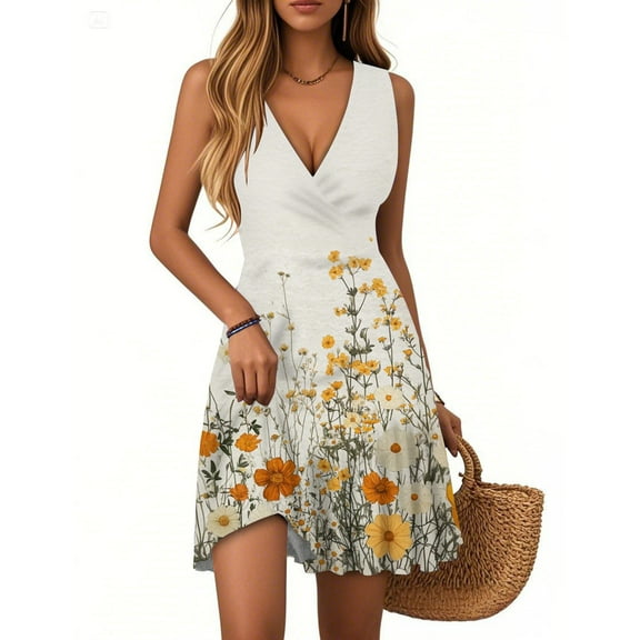 WTOBBY Women's Summer Floral Dress V-Neck Sleeveless Pleated Hem Casual Dress with Back Keyhole Design and Lightweight Fabric for Daily Wear and Vacation ,BeigeL