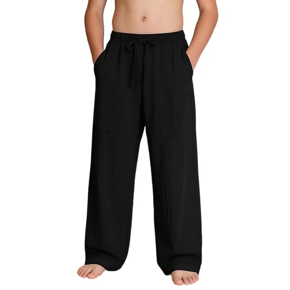 FAHXNVB Boys Cotton Linen Wide Leg Pants Elastic Waist Drawstring Pants with Pockets Breathable Pants Summer Beach Comfy Loose Fit Pants 4-14 Years