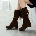 thumbnail image 6 of Wavsuf Womens Dress Shoes Mid Calf Round Toe Tie Hip Lace Flock Brown Boots Size 41, 6 of 9