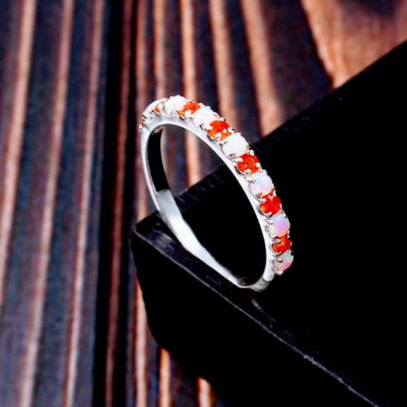 Opal & Sapphire Band 2 mm Sapphire Opal Half Eternity Ring September Birthstone Hot Orange Sapphire Stacking Sterling Silver Gift For women.