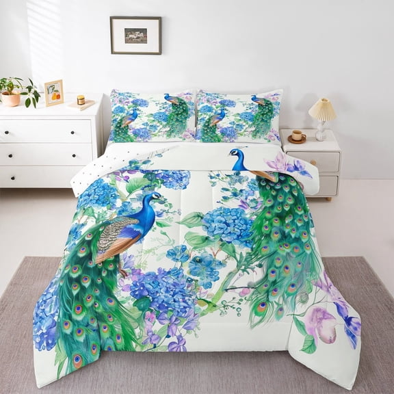 Feelyou 3D Peacock King Size Comforter Sets, Blue Purple Floral Flower Bedding Comforter Set, Teenager Adult Bedding Set, Ultra Soft Bedroom Decoration, 3pcs