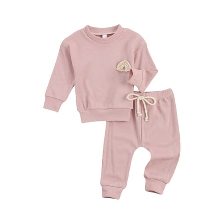 

Inevnen Baby Solid Color Clothes Set Rainbow Embroidery Tops Drawstring Long Pants 2Pcs Outfits