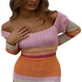 thumbnail image 3 of Robe Longue Tricotée pour Femmes Automne Décontractée Contraste Couleur Rayures Épaules Dénudées Manches Longues Robe Slim Vêtements d'Automne, 3 of 7
