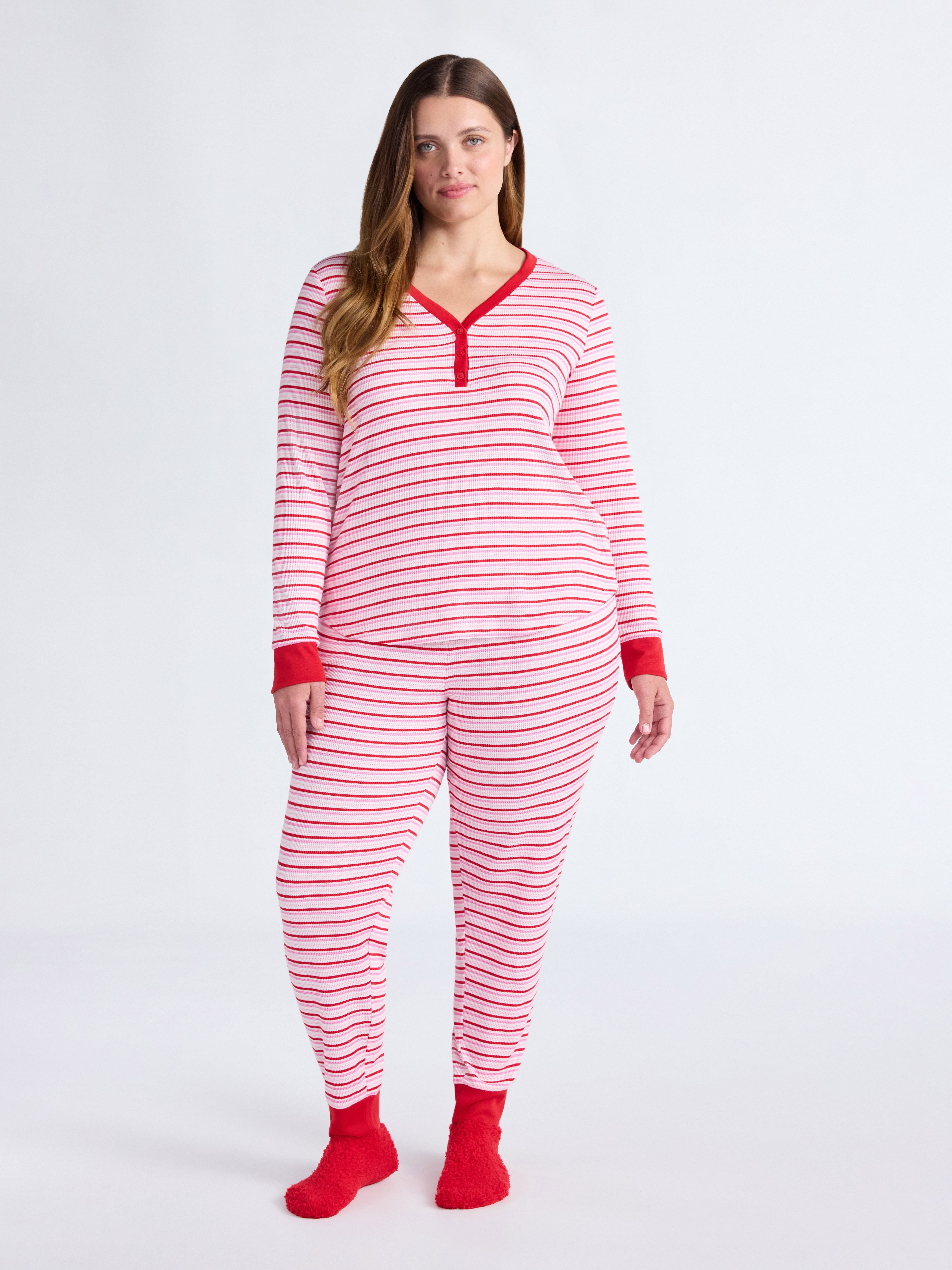 Joyspun Women's Waffle Knit Henley Sleep Top, Joggers and Socks Pajama Set, 3-Piece, Sizes XS-3X