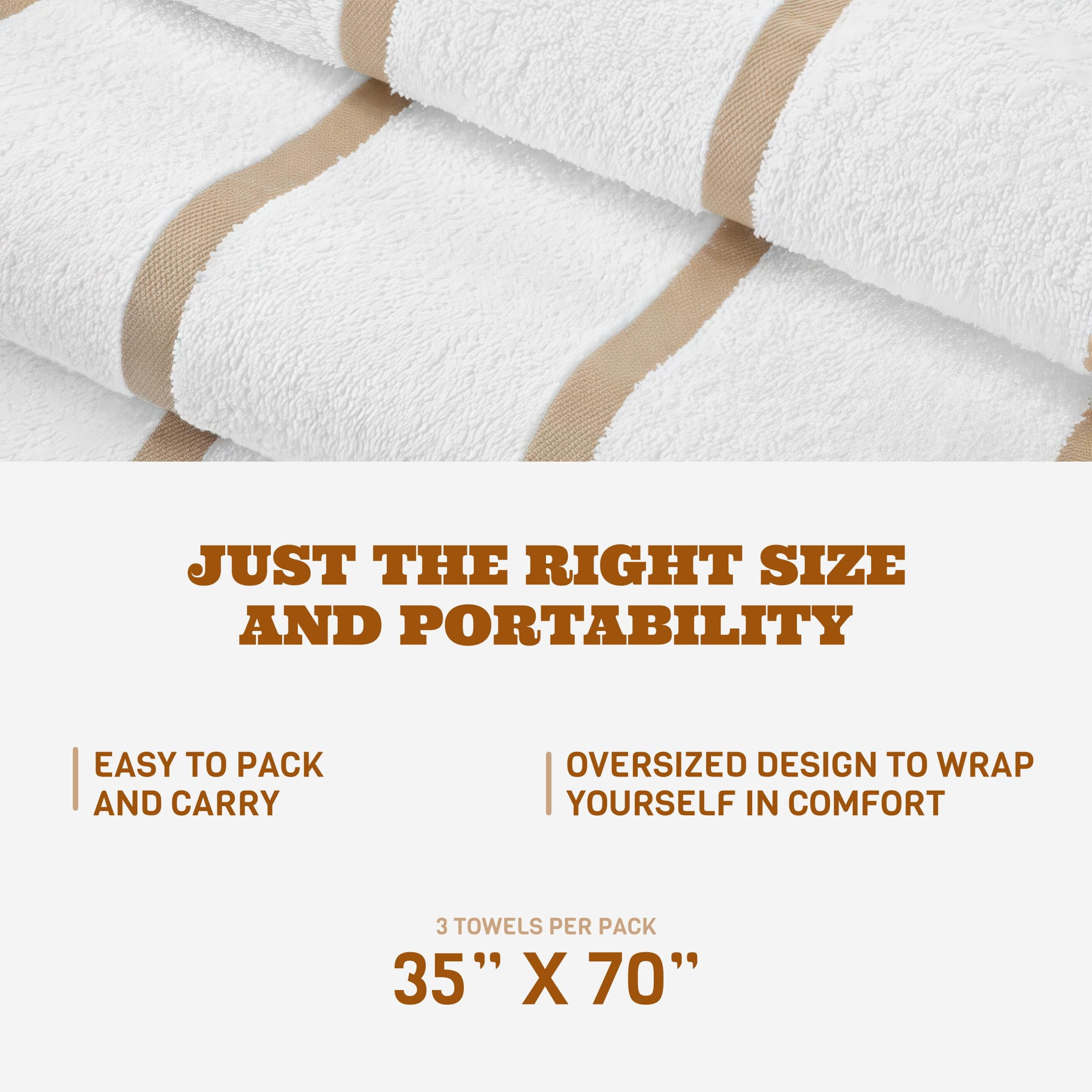 White Classic Luxury Cream Beige Striped Cotton Beach Towels, 35 x 70, 3 Count