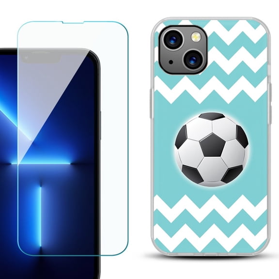 OneToughShield ® for iPhone 15 Fashion Phone Case, with Tempered Glass Screen Protector - Chevron/Soccer