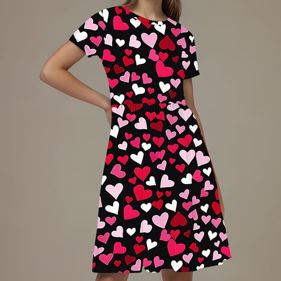 Isvgxsz New Summer Dresses for Girls Fashion Print A-Line Midi Dress Short Sleeve Crew Neck Breathable Flower Girl Dresses 11-12 Years（160） Multicolor1