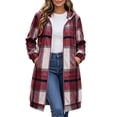 thumbnail image 3 of Busydd Long Plaid Trench Coat Women Fashion Long Sleeve Zip Up Fall Jackets Casual Hooded Drawstring Outerwear Jacket with Pockets, 3 of 10