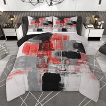 Manfei Fashion Red Artwork Full Size Comforter Sets for Adult, Square Abstract Bedding Comforter Set, Vintage Oil Printing Reversible Bedding Sets, Luxury Bedroom Decor, 3-Piece