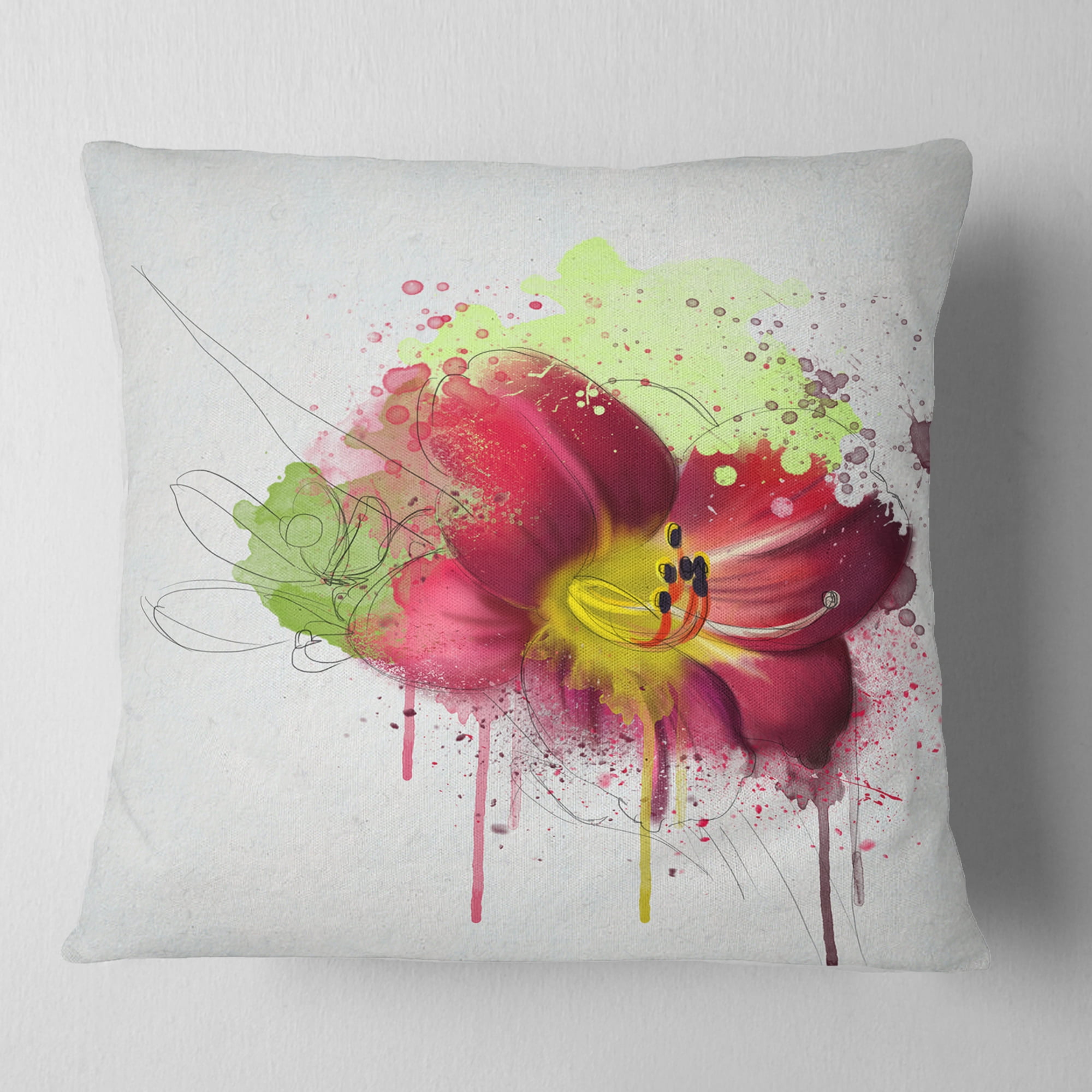 Designart Red Lily with Green Paint Splashes - Floral Throw Pillow - 18x18