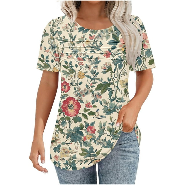 Tnhcen Blouse à Col Rond à Manches Courtes à Imprimé Floral pour Femmes – Haut Décontracté Extensible à Volants devant, Chemise Estivale Rafraîchissante P-2TG