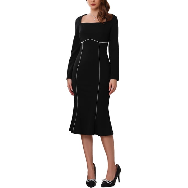 Vestido de cuello cuadrado para mujer INSPIRE CHIC, vestido formal de cóctel elegante de manga larga, midi con cola de pez, color negro, ideal para invitadas de boda