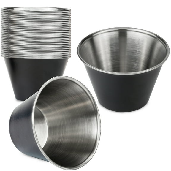 [24 Pack] 4 oz Stainless Steel Sauce Cups - Matte Black Individual Round Condiments Ramekins, Commercial Grade Safe / Portion Dipping Sauce Kitchen Set