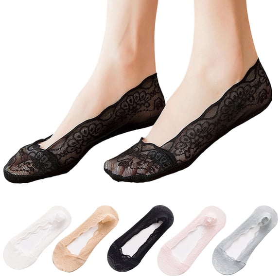 5 Pairs Floral Lace No-Show Socks for Women, Ultra-Low Cut Breathable Liners with Silicone Grip for Summer Flats & Heels Black