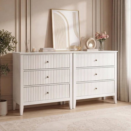 Large 3 Drawer Dresser Set of 2 Fluted Wood Chest of Drawers with Storage Modern Painted 30 inch Wide Nightstand for Bedroom Living Room Entryway White