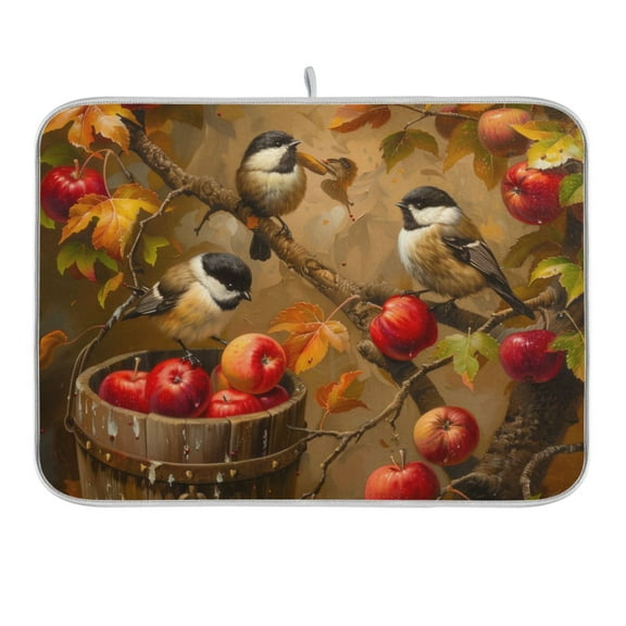 Chickadees Birds on Apple Tree Dish Drying Mat 16x18 Absorbent Microfiber Draining Rack Pad for Kitchen Counter Sink
